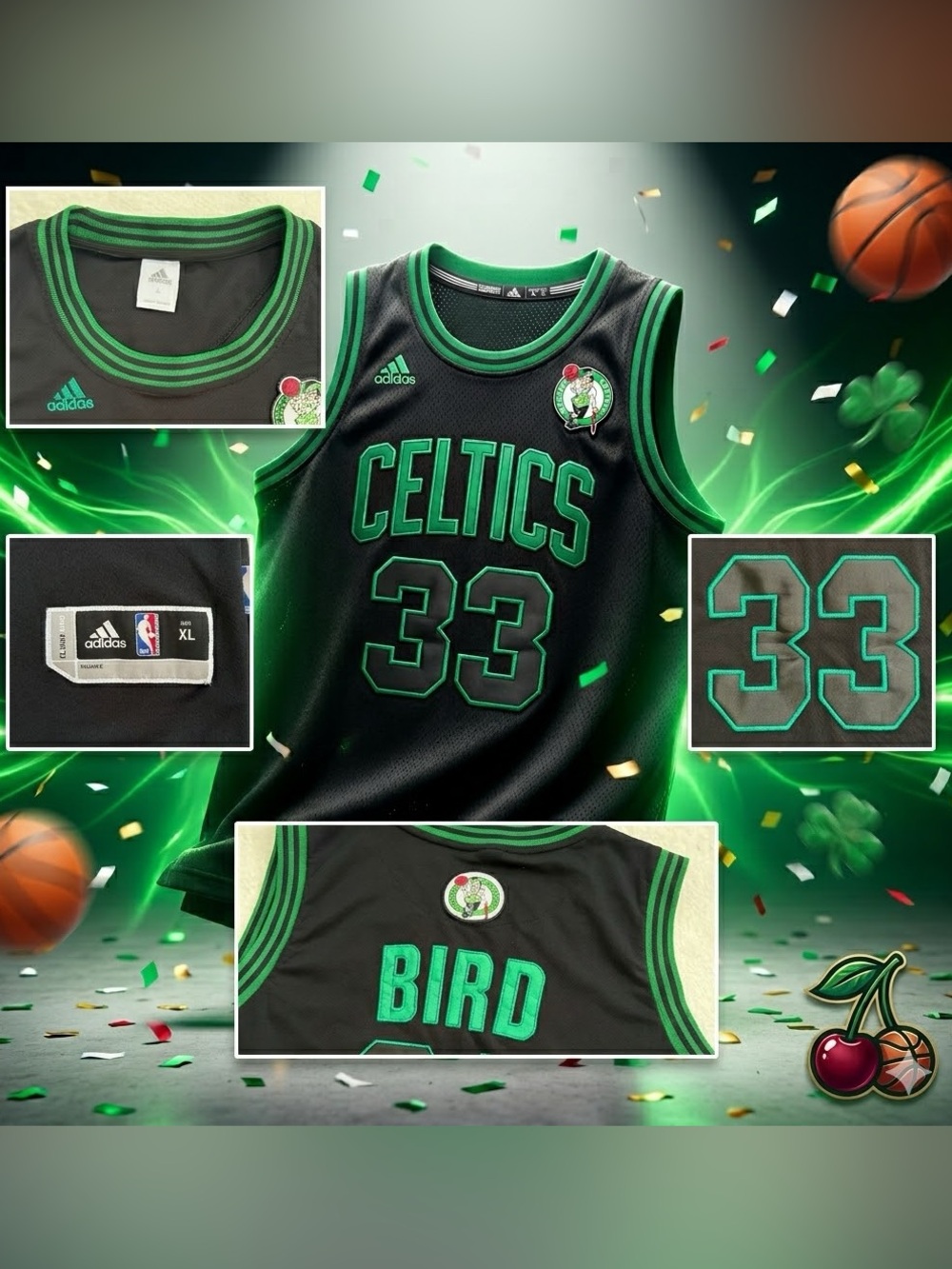 adidas Larry Bird Celtics NBA Basketball Jersey Black and Green